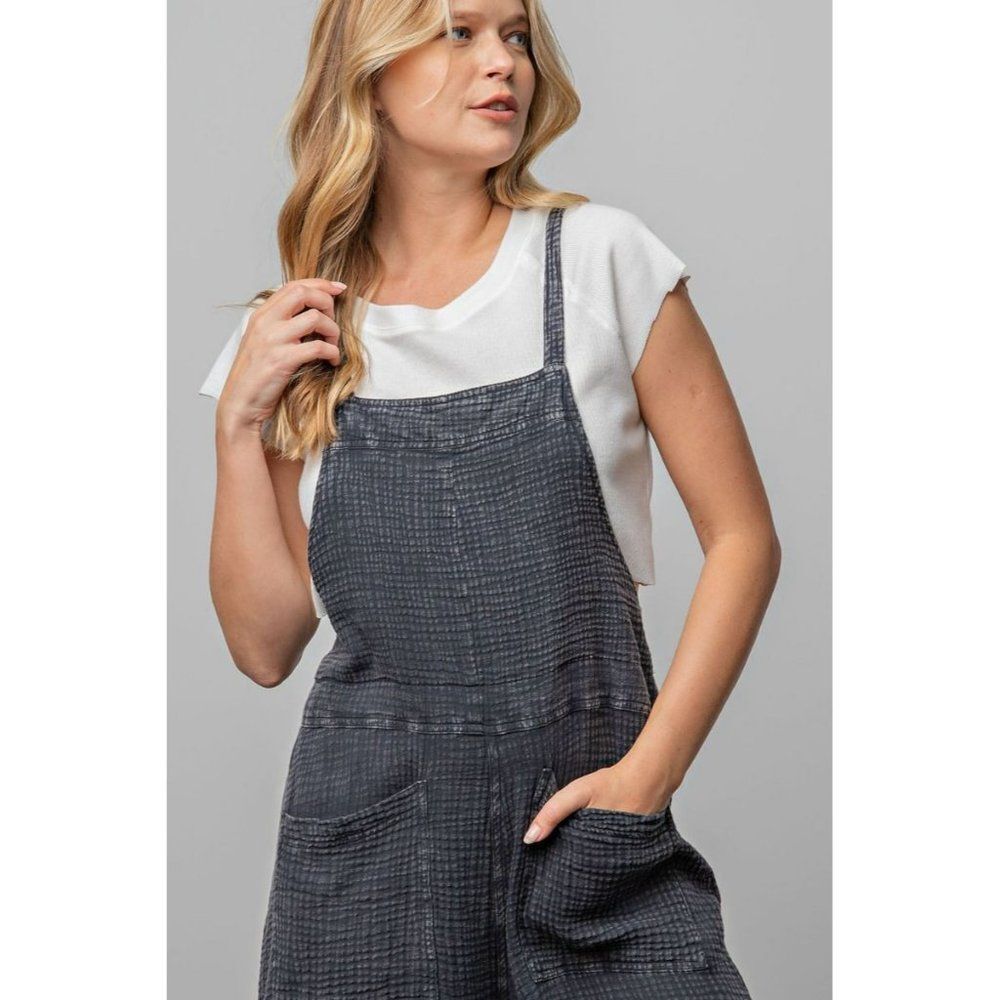 EASEL Washed Black Cotton Jumpsuit Overalls Wide Leg Pants Boho New EB41075 - Picture 2 of 5